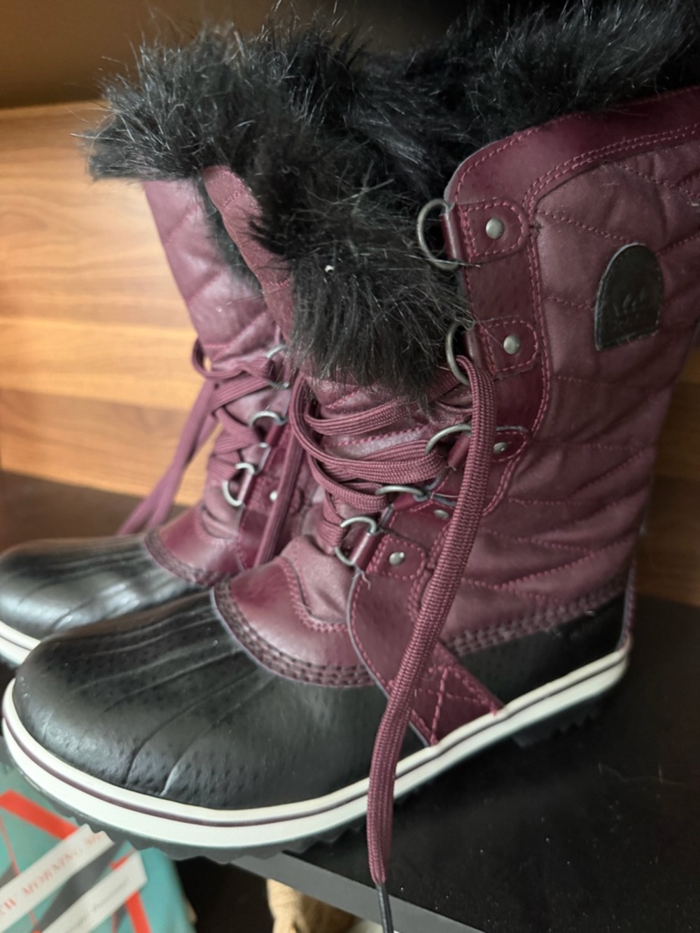 Sorel Women's Burgundy and Black Waterproof Winter Boots with Faux Fur Cuff